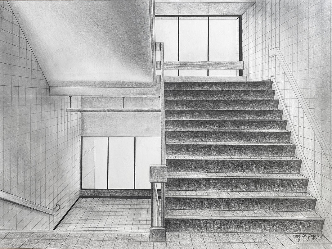 "Perspective of the Stairwell", Graphite on Paper, 2022, 18in x 24in
