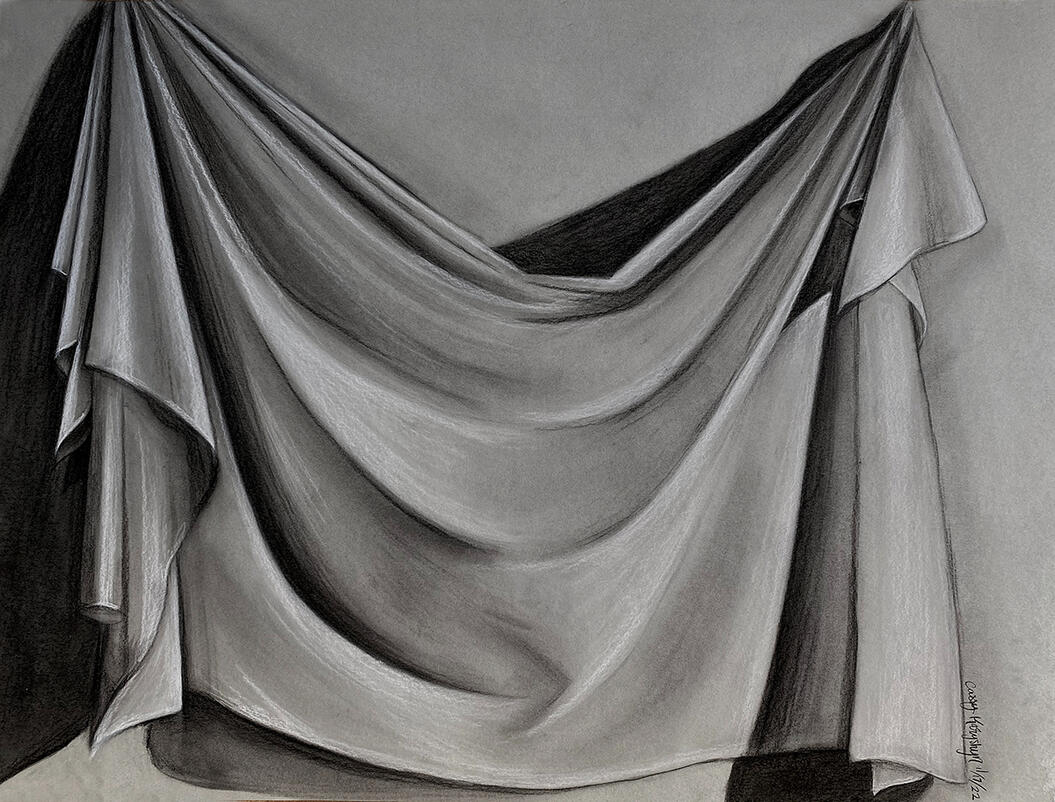 "Drapery", Charcoal on Toned Paper, 2022, 18in x 24in